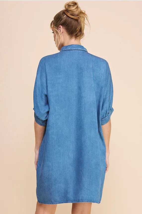 Casual Washed Chambray Denim Breezy Shirt Dress with Rolled Sleeves and Collar