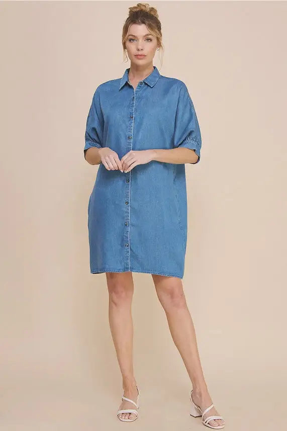 Casual Washed Chambray Denim Breezy Shirt Dress with Button-Front Closure and Elbow-Length Sleeves