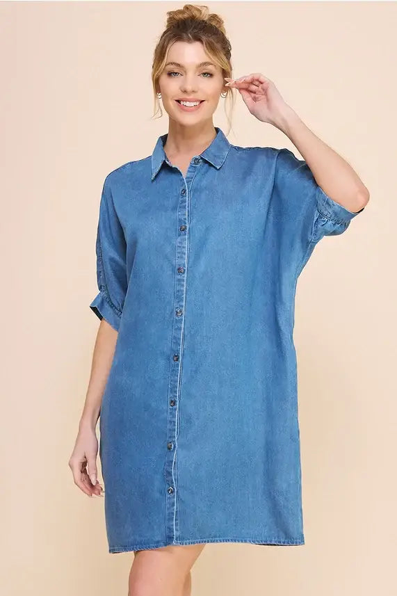 Casual Washed Chambray Denim Breezy Shirt Dress with Rolled Sleeves and Button Closure