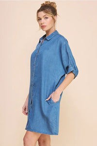 Casual Washed Chambray Denim Breezy Shirt Dress with Rolled Sleeves and Side Pockets