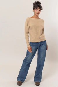 Casual outfit with BOAK Neckline Long Sleeve Sweater and relaxed-fit blue jeans