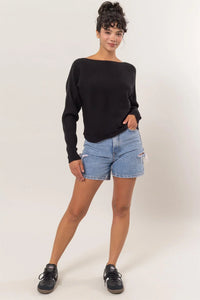 Casual outfit with BOAK Neckline Long Sleeve Sweater, denim shorts, and dark sneakers