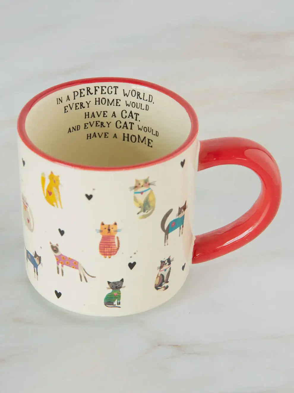 Cat-themed ceramic mug with red handle and rim for home use in the BUNGALOW MUG collection
