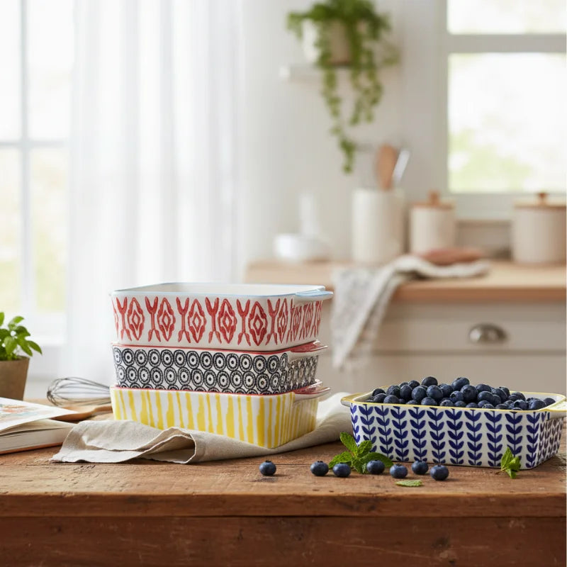 Hand stamped stoneware baker with geometric patterns and blueberries