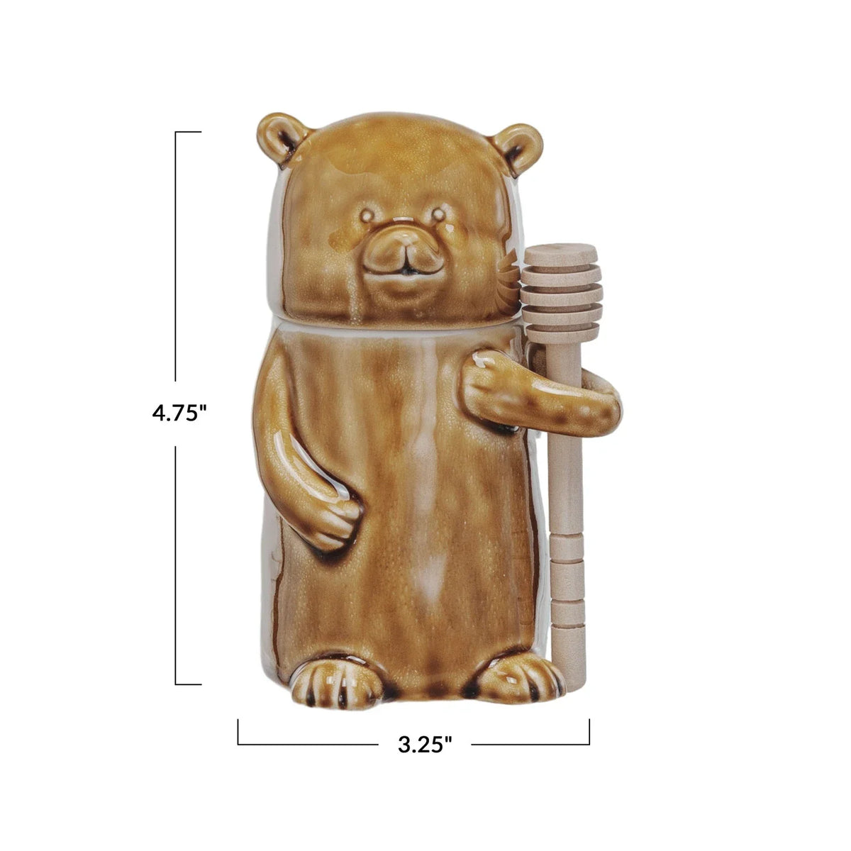 Ceramic honey jar with wood dipper in brown and tan glaze, ideal for women’s boho chic clothing
