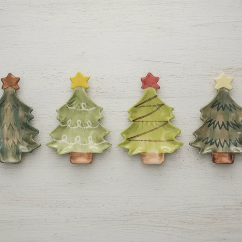 Stoneware Christmas Tree Dish set with green-brown glazes and colorful star lids