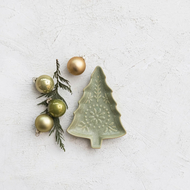 Ceramic stoneware tree shaped plate featuring delicate snowflake pattern design