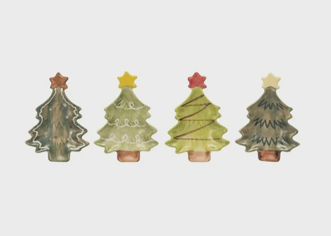 Ceramic christmas tree candle holders in green, yellow, and red with star toppers for stoneware christmas tree dish