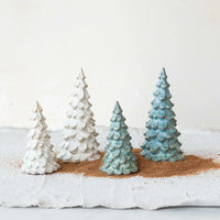 Ceramic Christmas trees in white and blue shades featuring Stoneware Tree Reactive Glaze