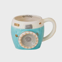 Ceramic camera mug in vintage turquoise, perfect for women’s boho chic clothing lovers