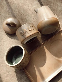 Ceramic kitchenware set including stackable stoneware salt and pepper shakers