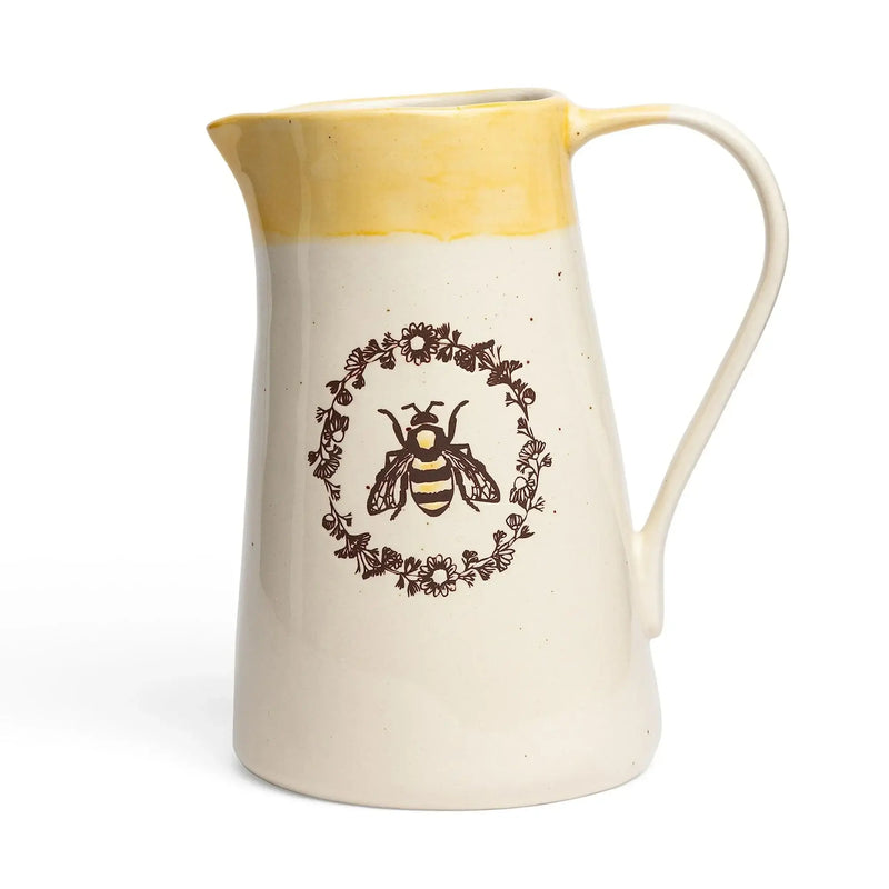 Ceramic Bee Vase Pitcher with yellow top and floral wreath on cream base