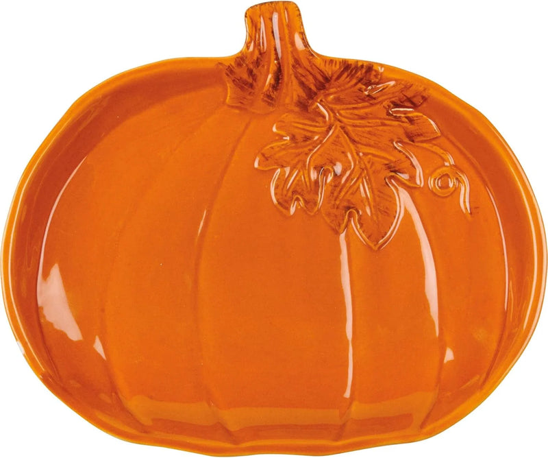 Ceramic pumpkin plate with decorative leaf design, ideal for boho-inspired decor