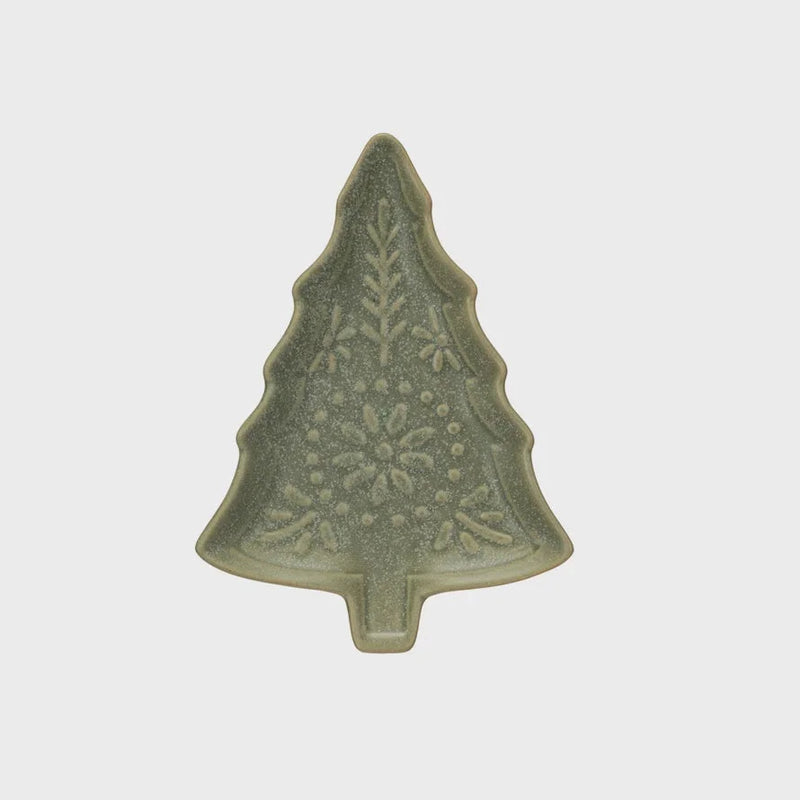 Ceramic stoneware tree shaped plate featuring embossed snowflake patterns in sage green