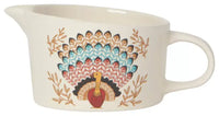 Ceramic Tommy Turkey Gravy Boat with vibrant feathers and gold handle for Thanksgiving dinner