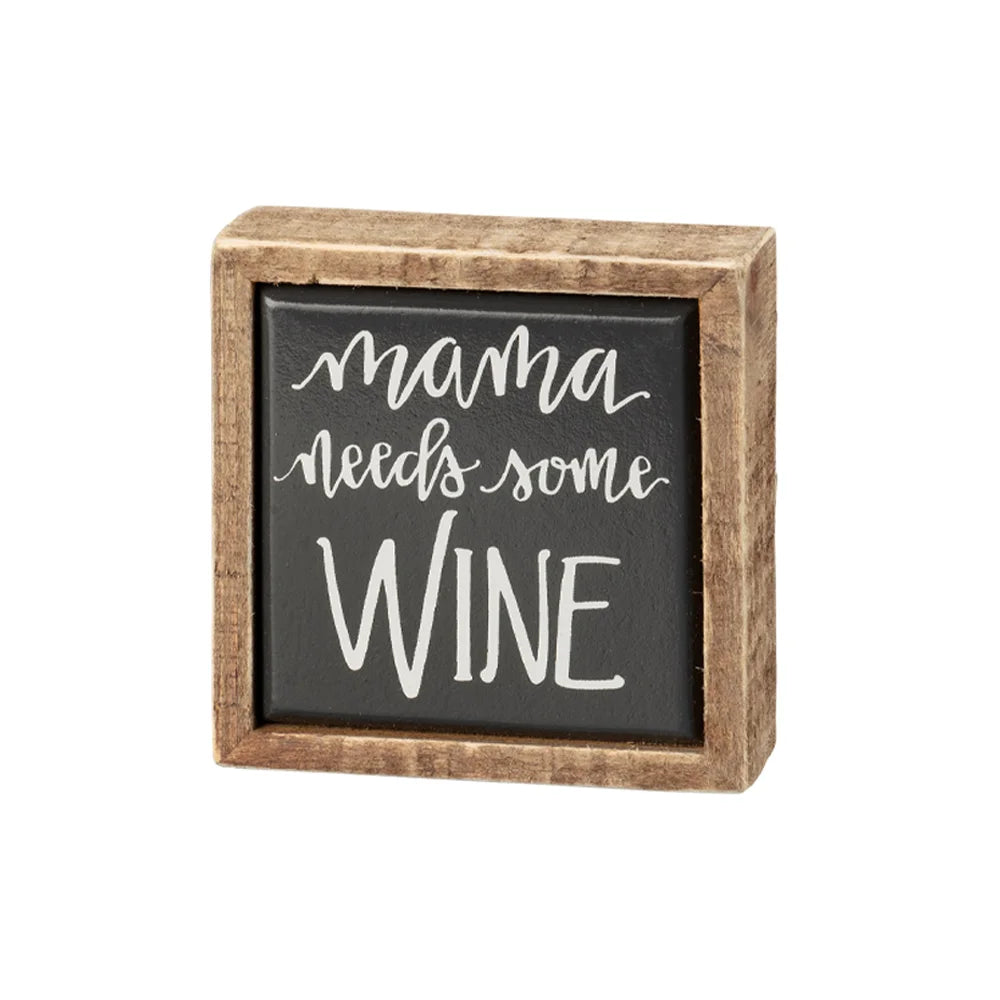 Chalkboard with Mama Needs Some Wine Mini Box Sign featuring the words Mama, Awesome, Wine