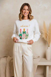 Cheers graphic sweatshirt with champagne bottle and colorful accents