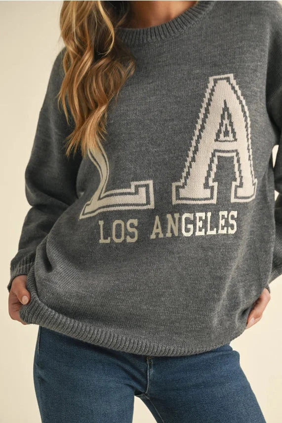 Charcoal gray Los Angeles lettering knit sweater top