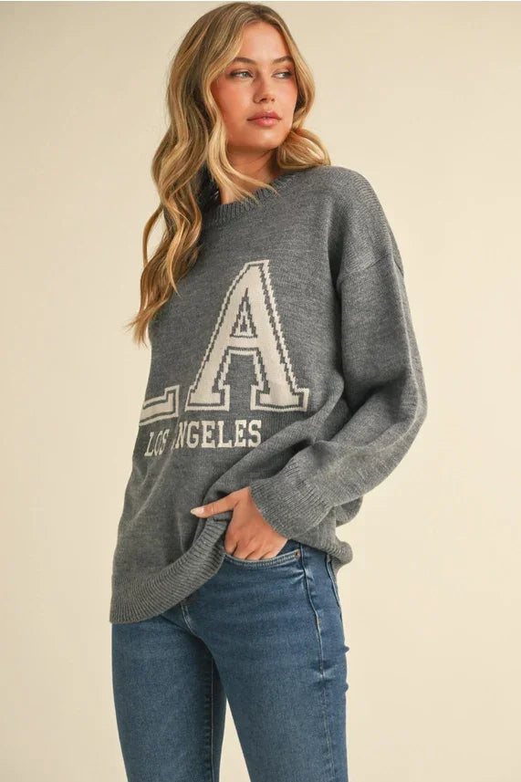 Charcoal gray oversized Los Angeles lettering sweater top