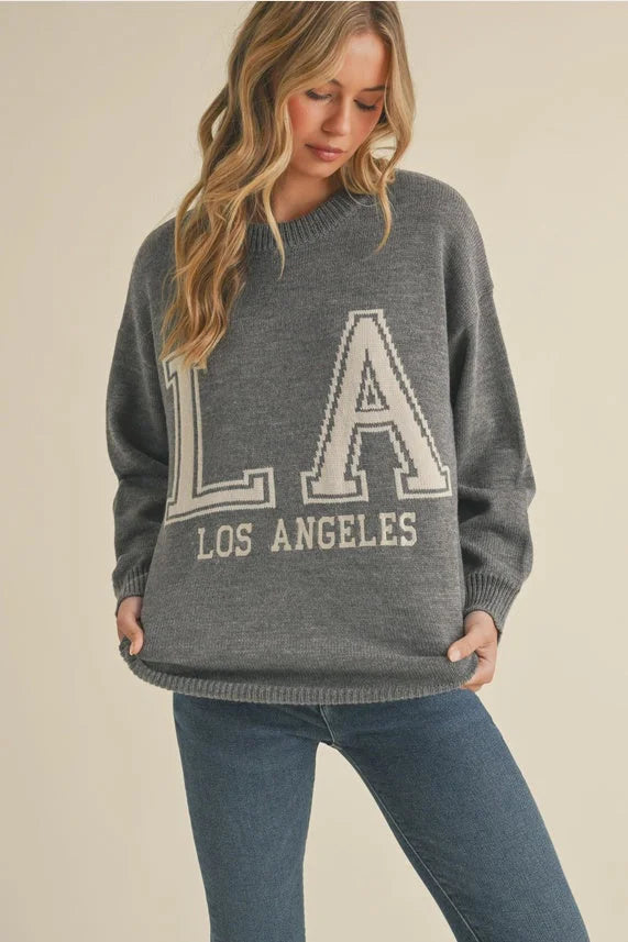 Charcoal gray oversized Los Angeles lettering sweater top