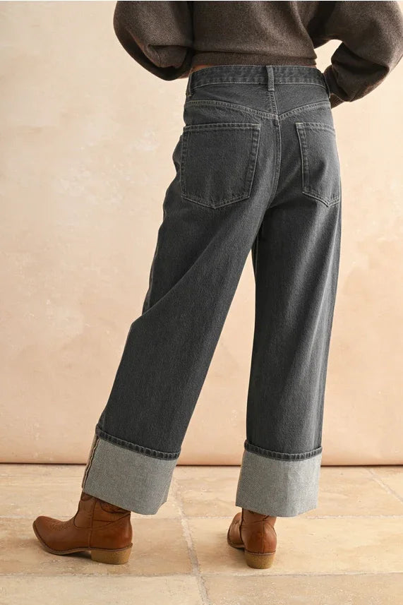 Charcoal gray wide-leg Cuffed Bottom Wash Denim jeans for women’s boho chic clothing
