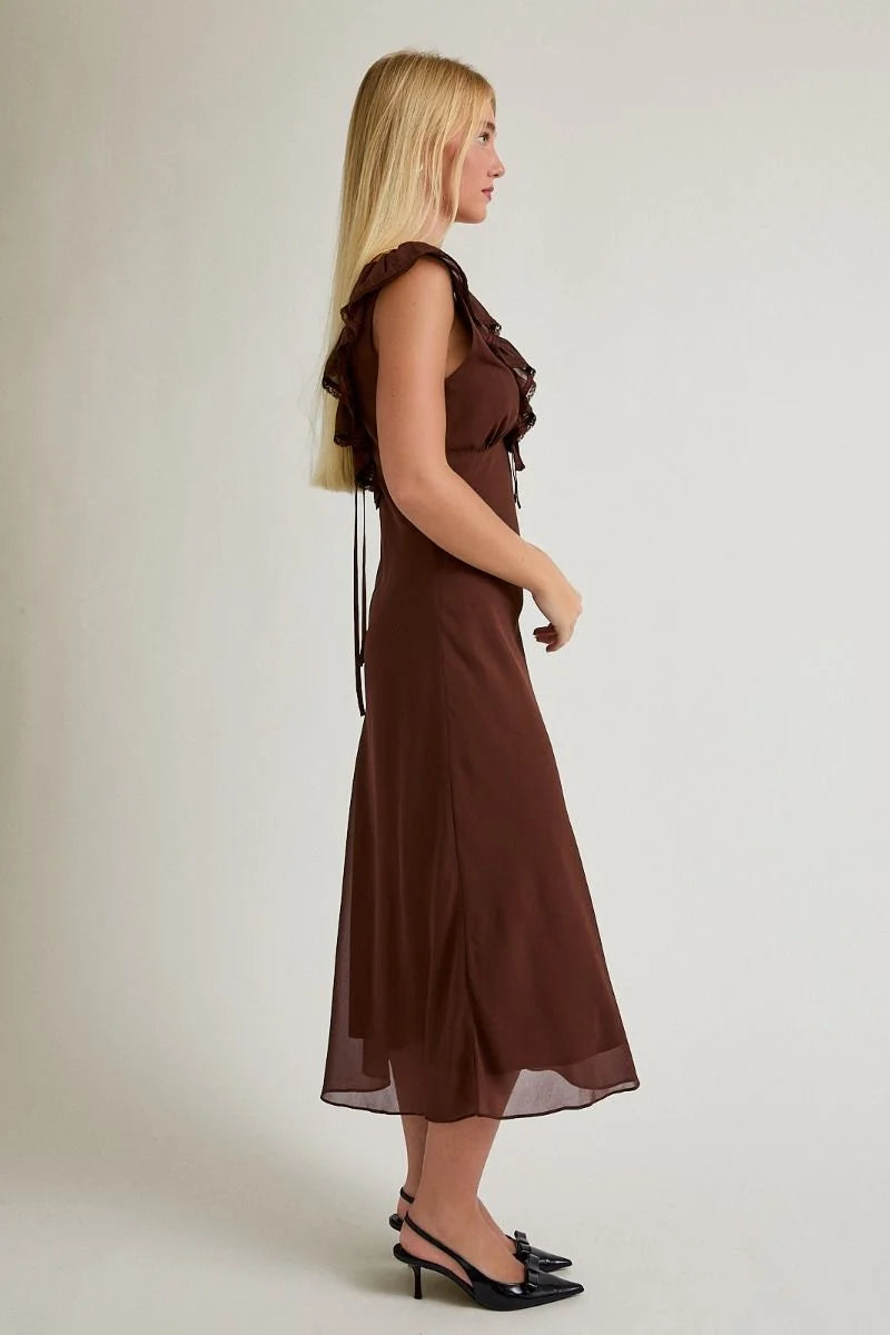 Chocolate brown chiffon ruffled bias maxi dress with black heels and hair