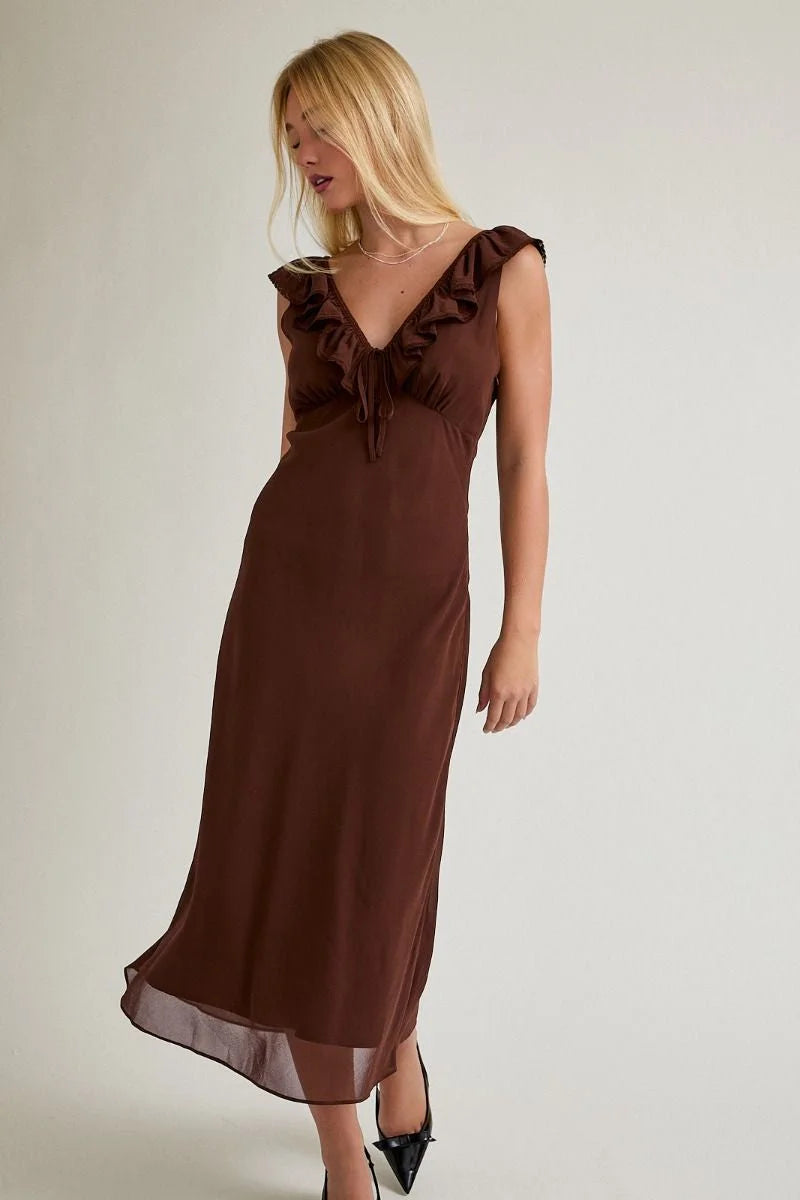 Elegant chocolate brown silk chiffon bias maxi dress with ruffled V-neck and cap sleeves