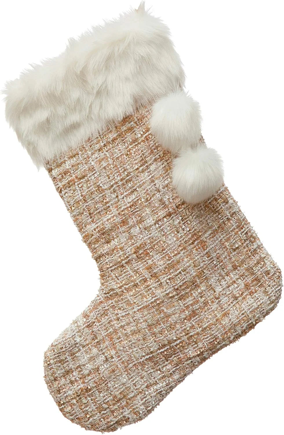 Christmas stocking with faux fur trim and pom-poms in pink and white textiles