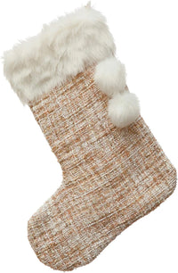 Christmas stocking with faux fur trim and pom-poms in pink and white textiles