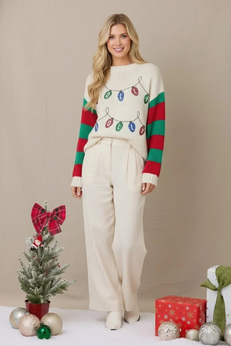Holly Jolly Sweater with Sequined Embroidery and Color Block Design