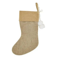 Burlap jute holiday stocking with tan cuff and pom-pom for rustic bohemian decor