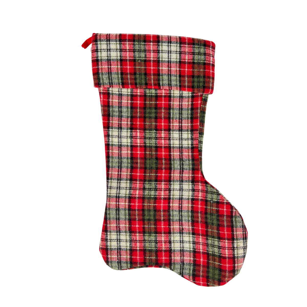 Christmas stocking featuring red, green, and white plaid fabric for a stylish holiday decor