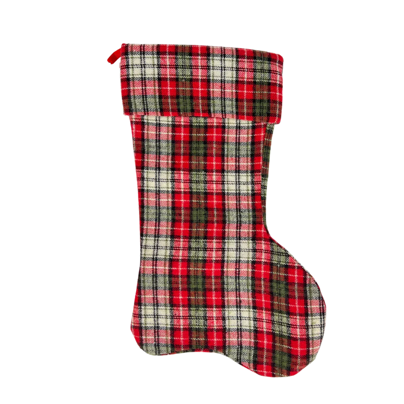 Christmas stocking featuring red, green, and white plaid fabric for a stylish holiday decor