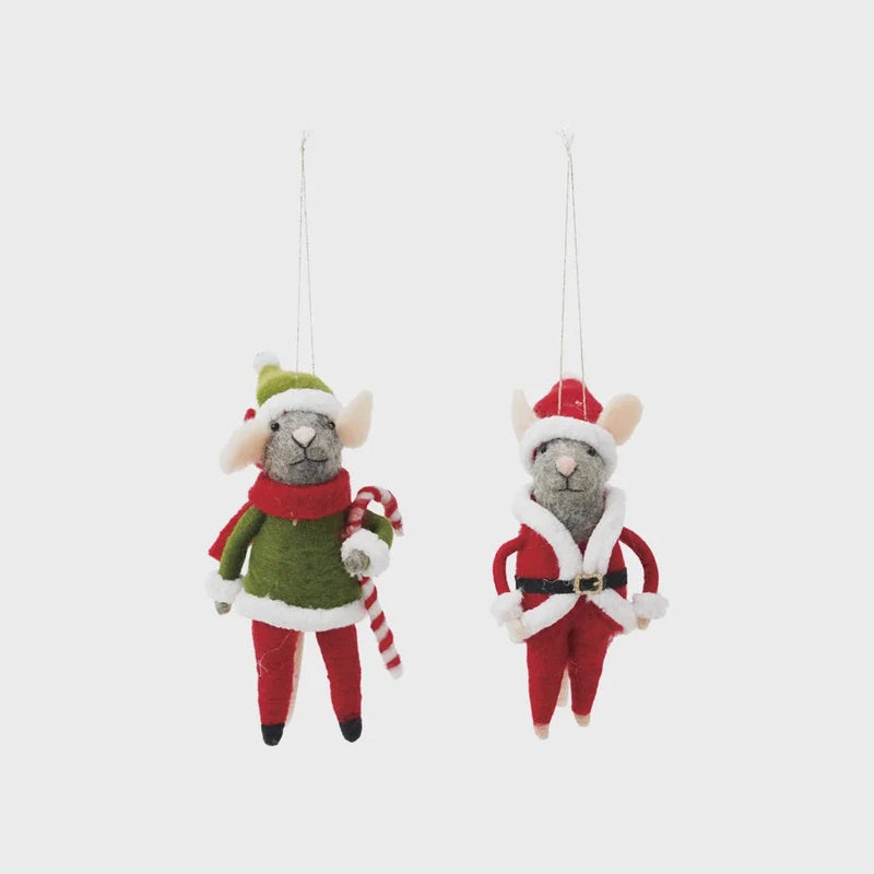 Handmade wool felt mouse ornament with festive Santa and candy cane designs for Christmas