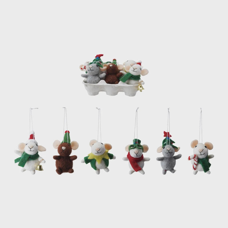 Handmade wool felt mouse ornaments set of 8 with festive scarves and hats for Christmas