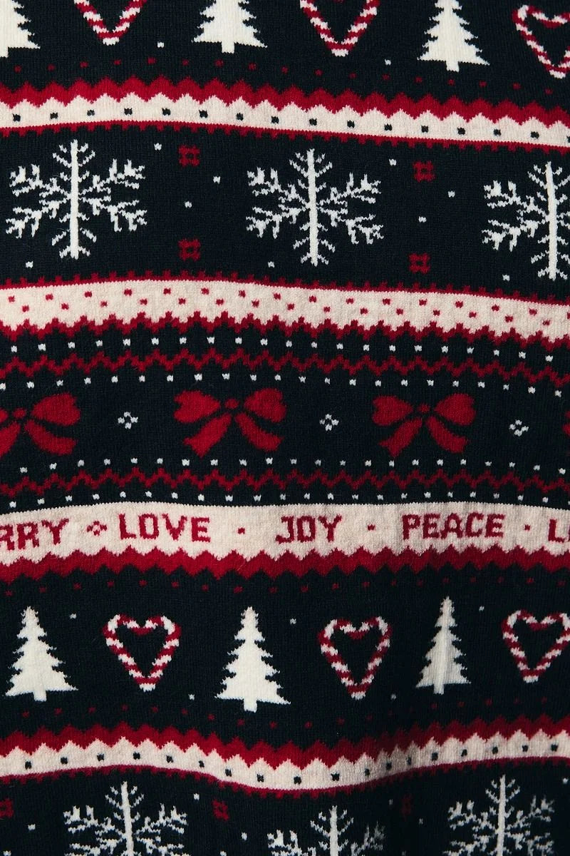 Round neck graphic Christmas sweater with festive patterns and text
