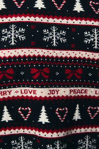 Round neck graphic Christmas sweater with festive patterns and text