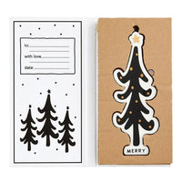 Christmas-themed gift tag and black and white holiday ornament in gift box