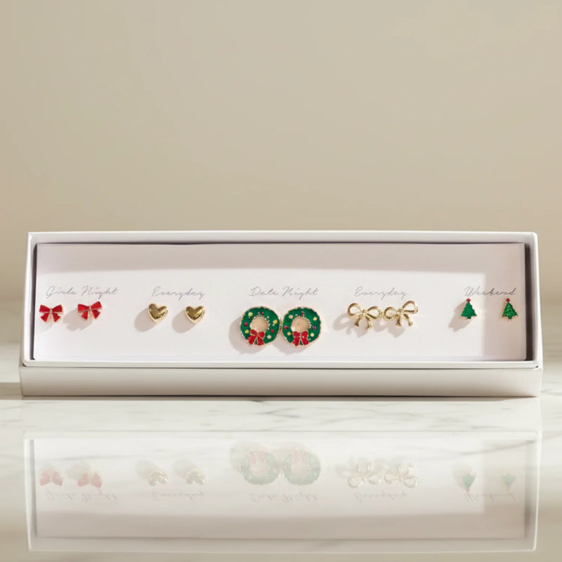 Wanderlust Dainty Earring Set in Christmas box with bows and wreaths