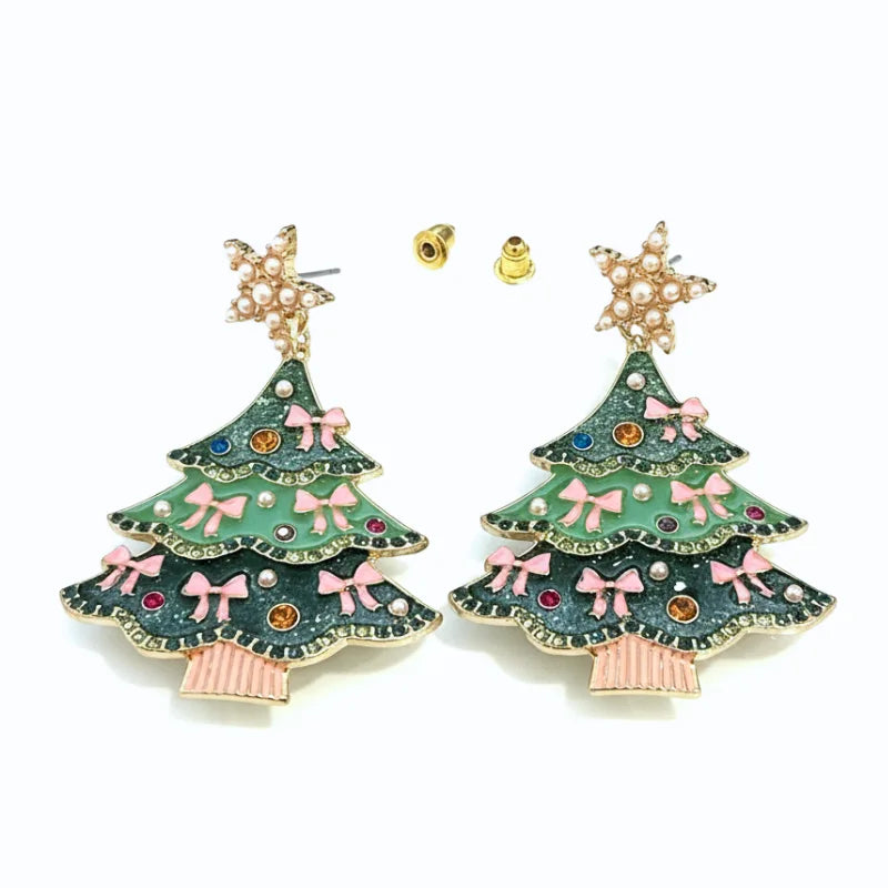 Festive Christmas tree dangle earrings with pearl, crystal, green bows, and star tops