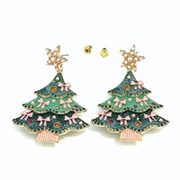 Festive Christmas tree dangle earrings with pearl, crystal, green bows, and star tops