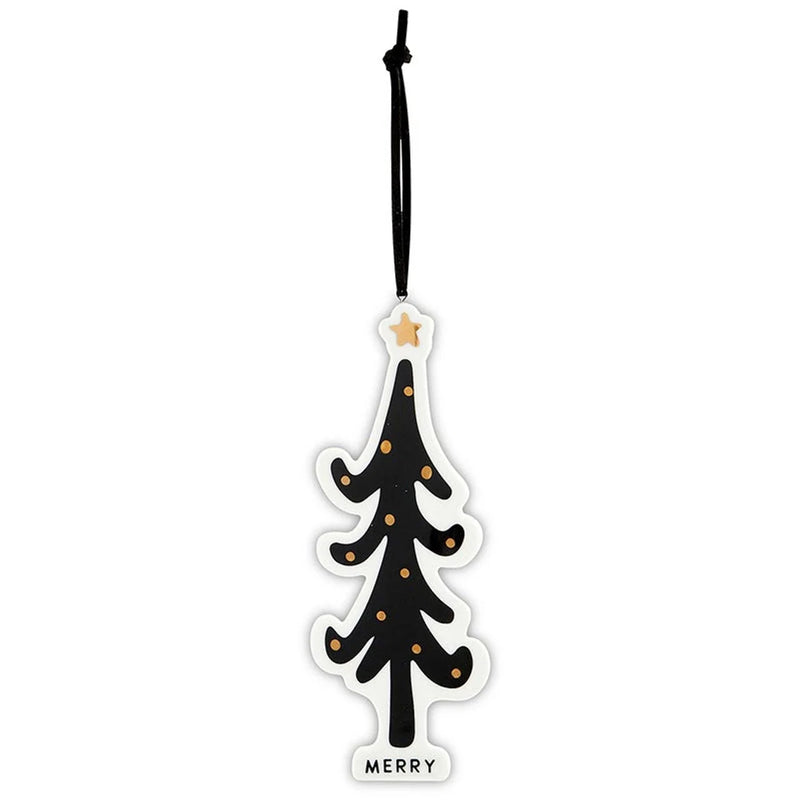 Holiday ornament featuring a black silhouette design and gold star topper in gift box