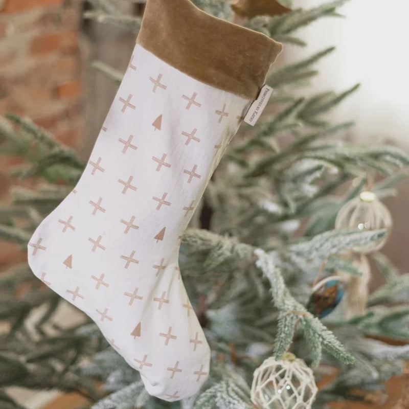 Christmas stocking with cross and tree design for women’s boho chic clothing at Shop Daisy