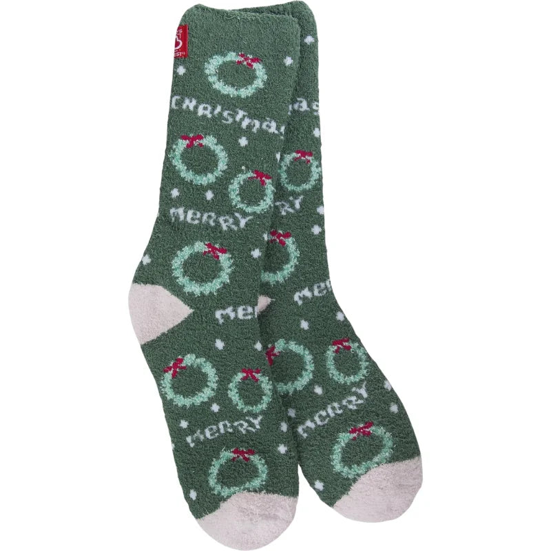 Merry Christmas Cozy green wreath crew socks with red accents