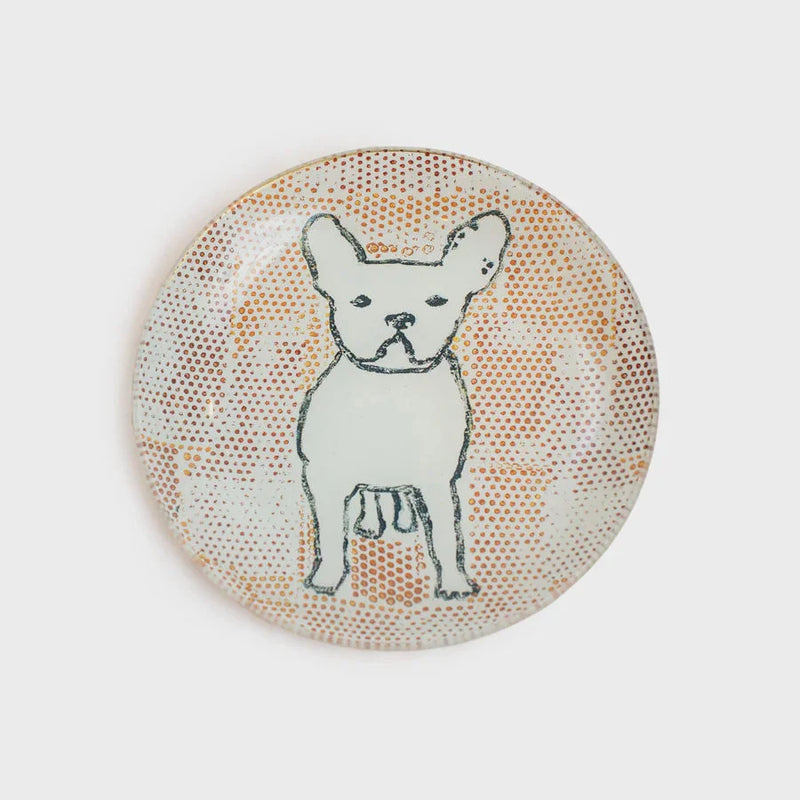 Circular Frenchie Round Decoupage Plate with a simple French Bulldog drawing