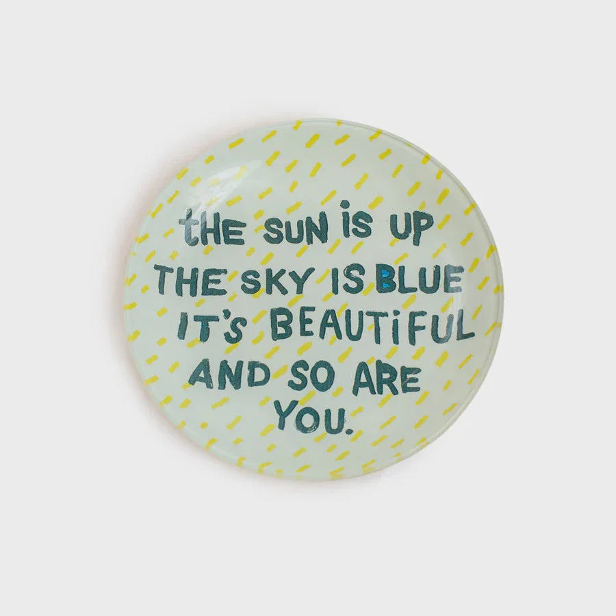 Circular round decoupage plate featuring an uplifting message and vibrant design