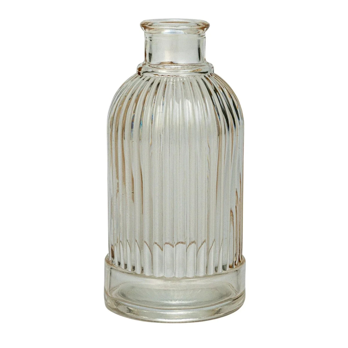 Clear glass bottle with silver stripe in Wood Tray Embossed Glass Tealight set