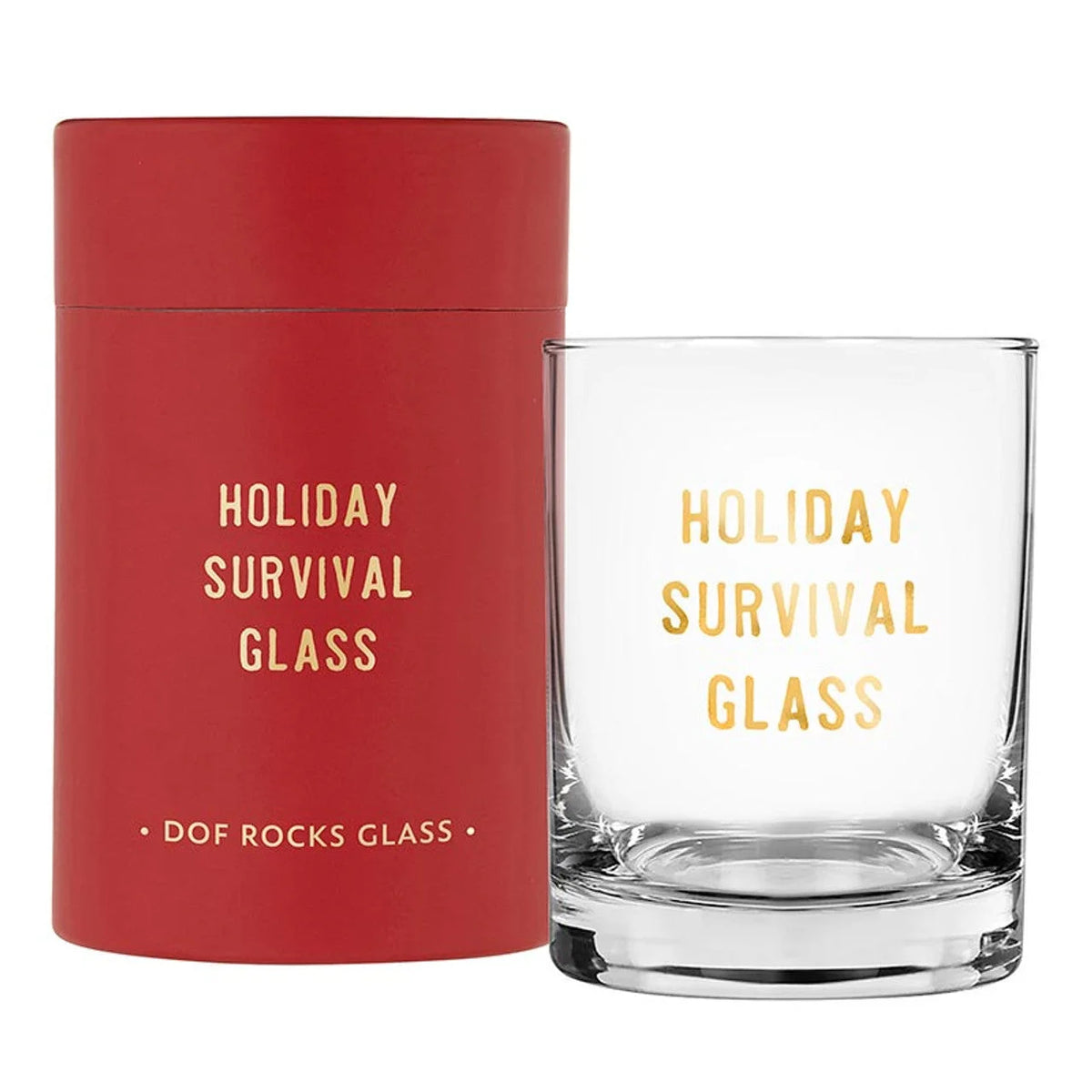 Clear glass tumbler with gold lettering and red packaging for Christmas Stemless Wine Glasses