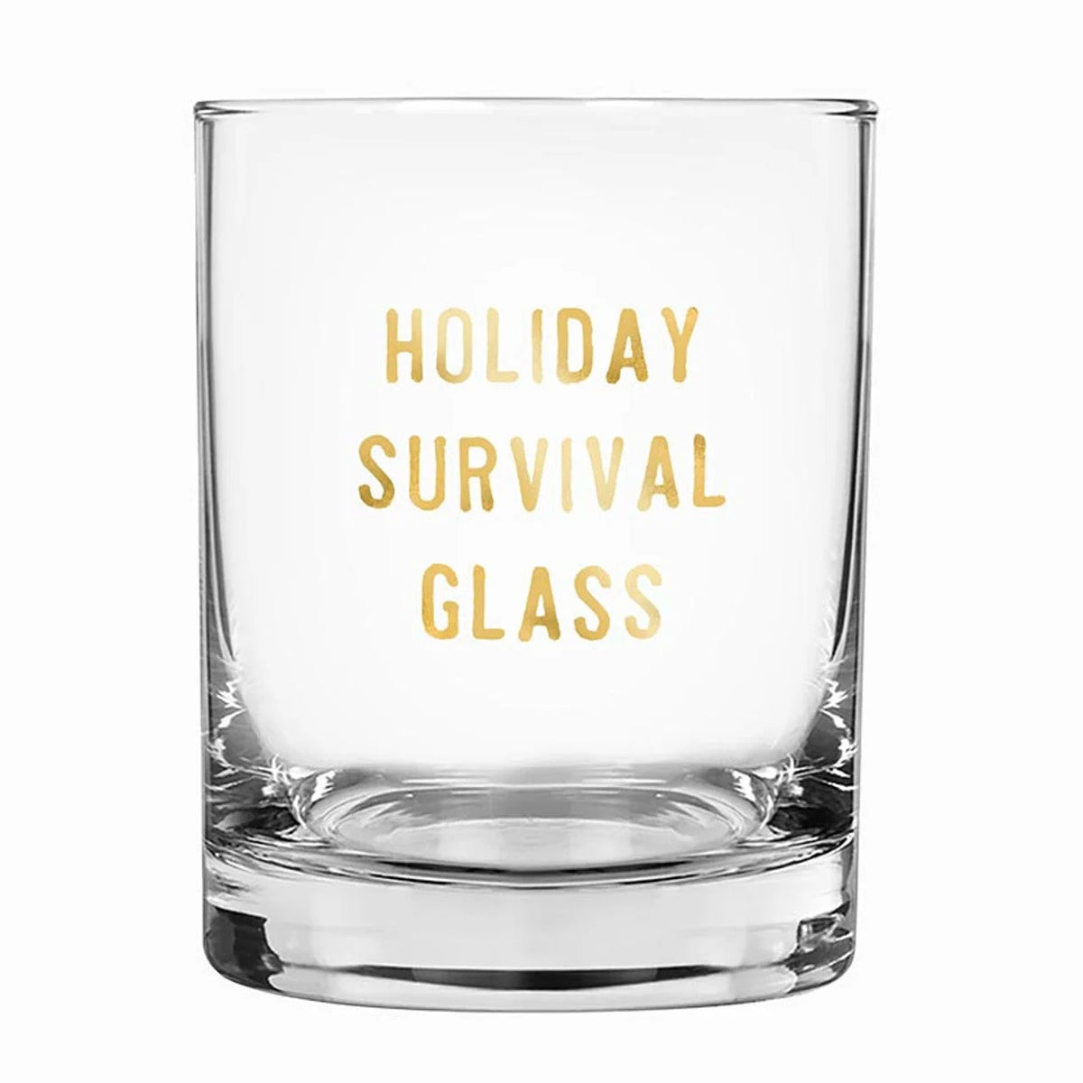 Clear glass tumbler with Holiday Survival Glass in gold on Christmas Stemless Wine Glasses Set