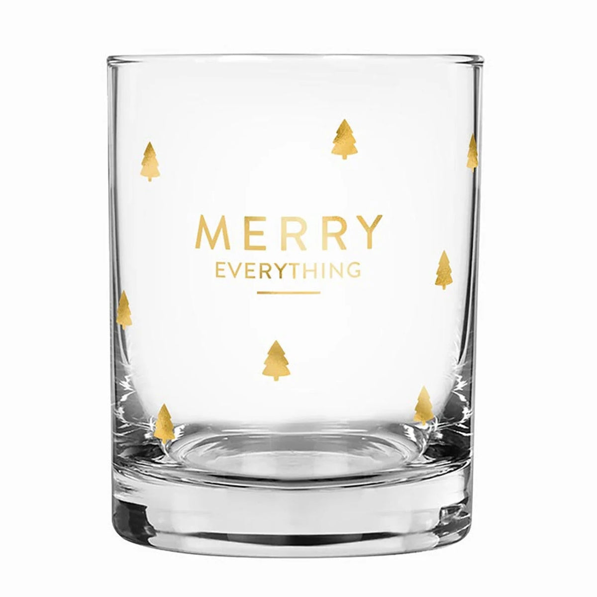 Clear glass tumbler featuring gold MERRY EVERYTHING text for holiday entertaining